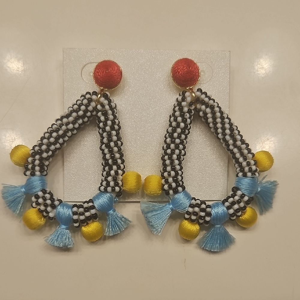 Handcrafted Beaded Teardrop Earrings with Blue Tassels and Yellow Pom-Poms